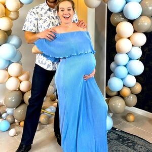 Blue pleated off the shoulder maternity dress